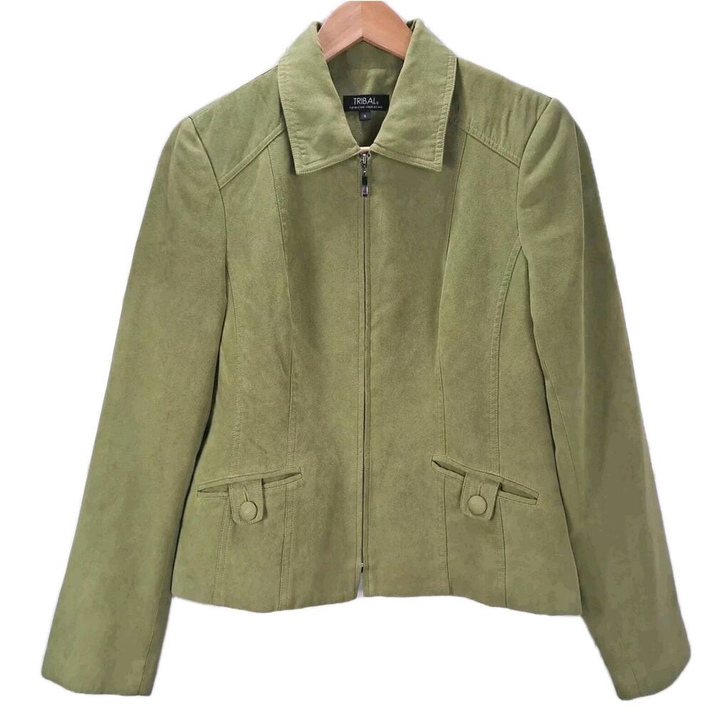 Tribal Blazer Jacket Womens 8 Green Faux Suede Full Zip Lined Office Casual Fall